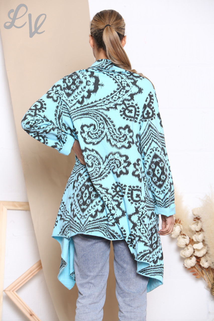 Ladies Paisley Print Wrap & Button Front Jacket Top Turquoise