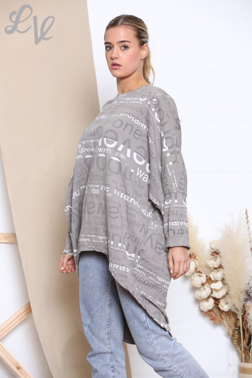 Ladies Words Print Sweatshirt Top Taupe