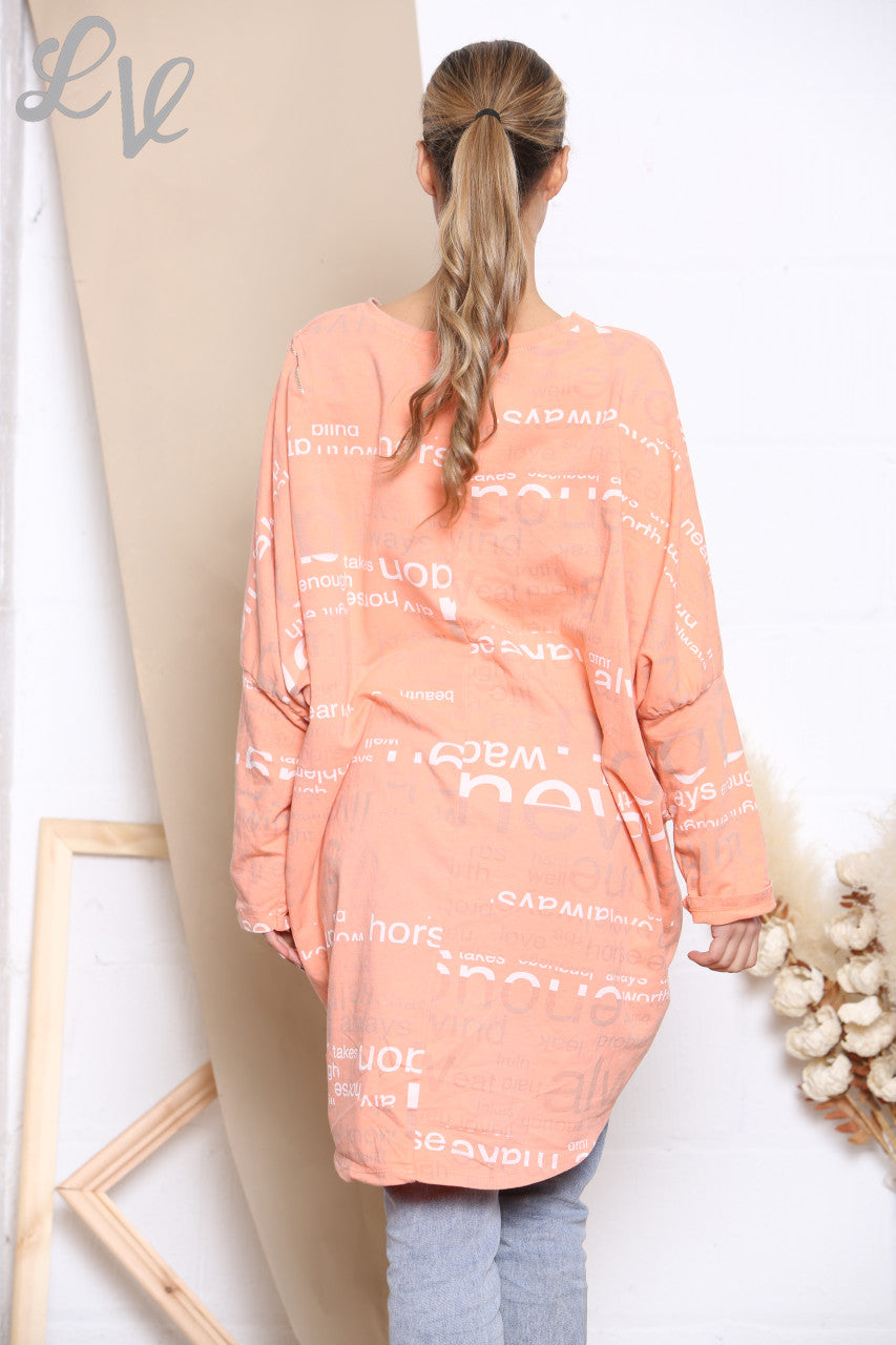 Ladies Words Print Sweatshirt Top Coral