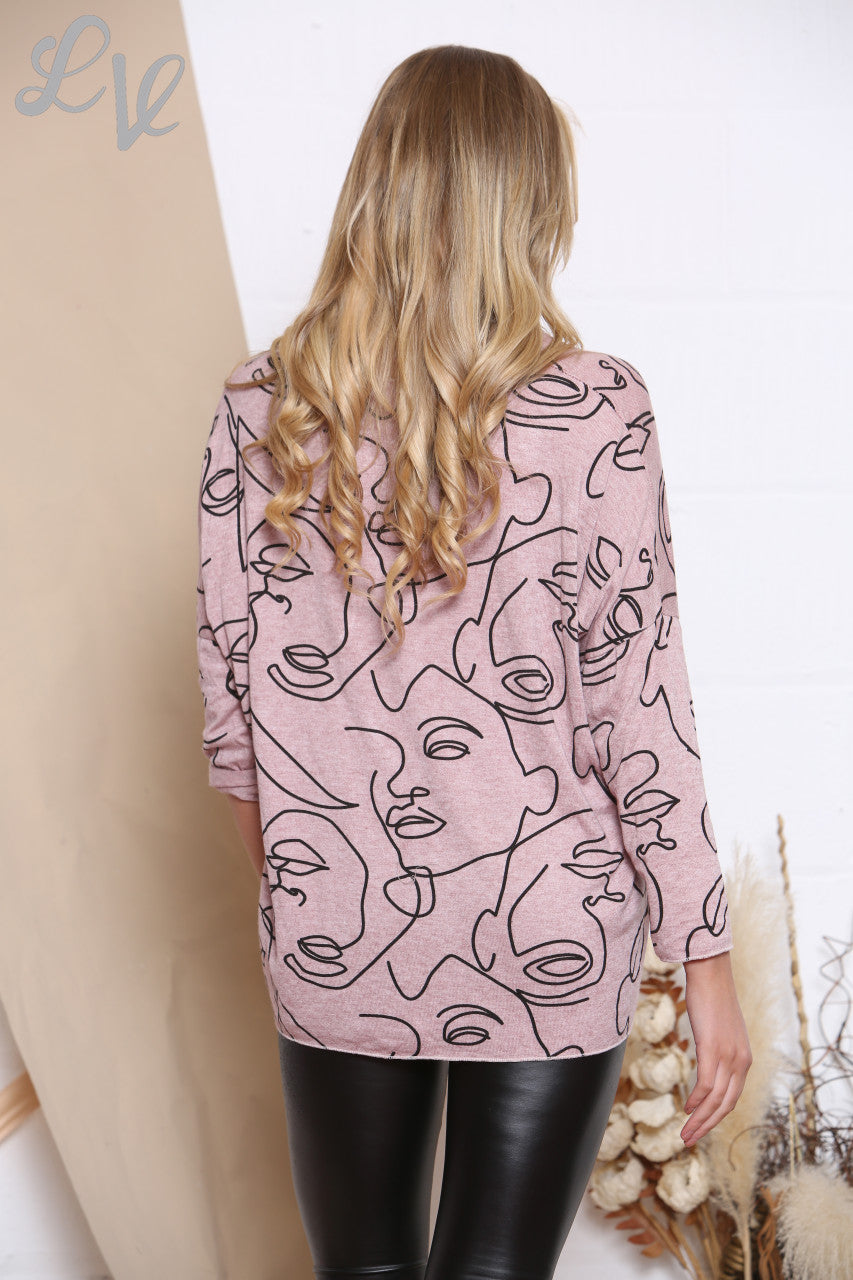 Dames Abstract Gezicht Print Top Dusty Roze