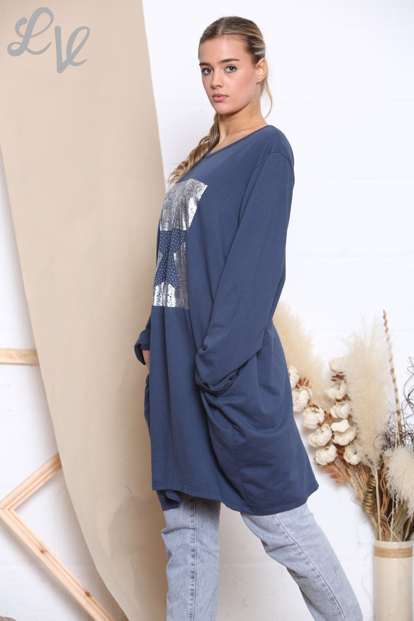 Dames Square Folie Sterren Sweatshirt Top Marine
