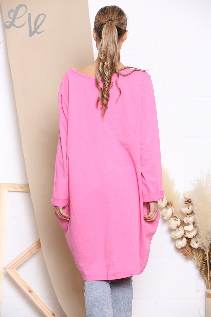 Ladies Square Foil Star Sweatshirt Top Cerise