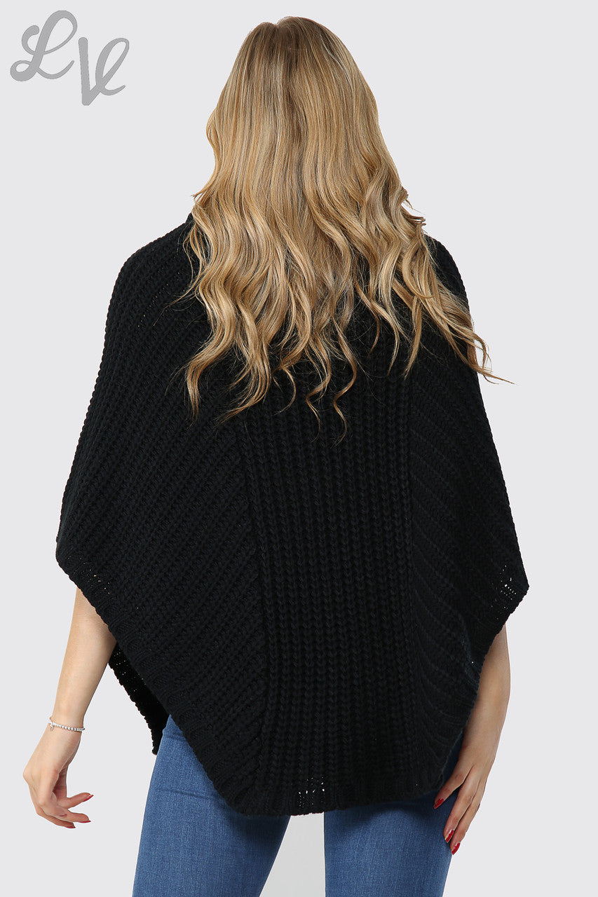 Dameskabelgebreide poncho met col zwart