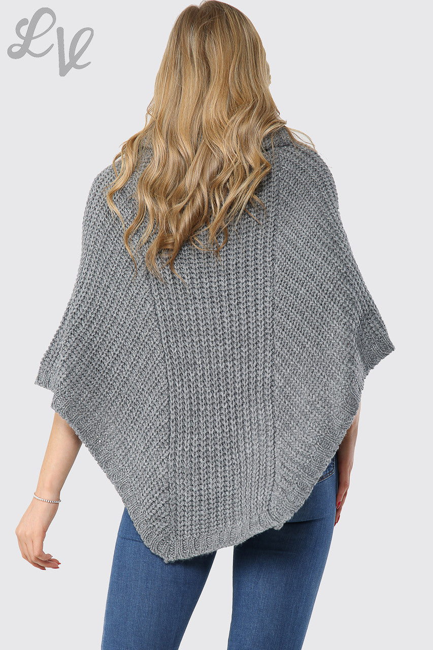Ladies Cable Knitted Cowl Neck Poncho Charcoal