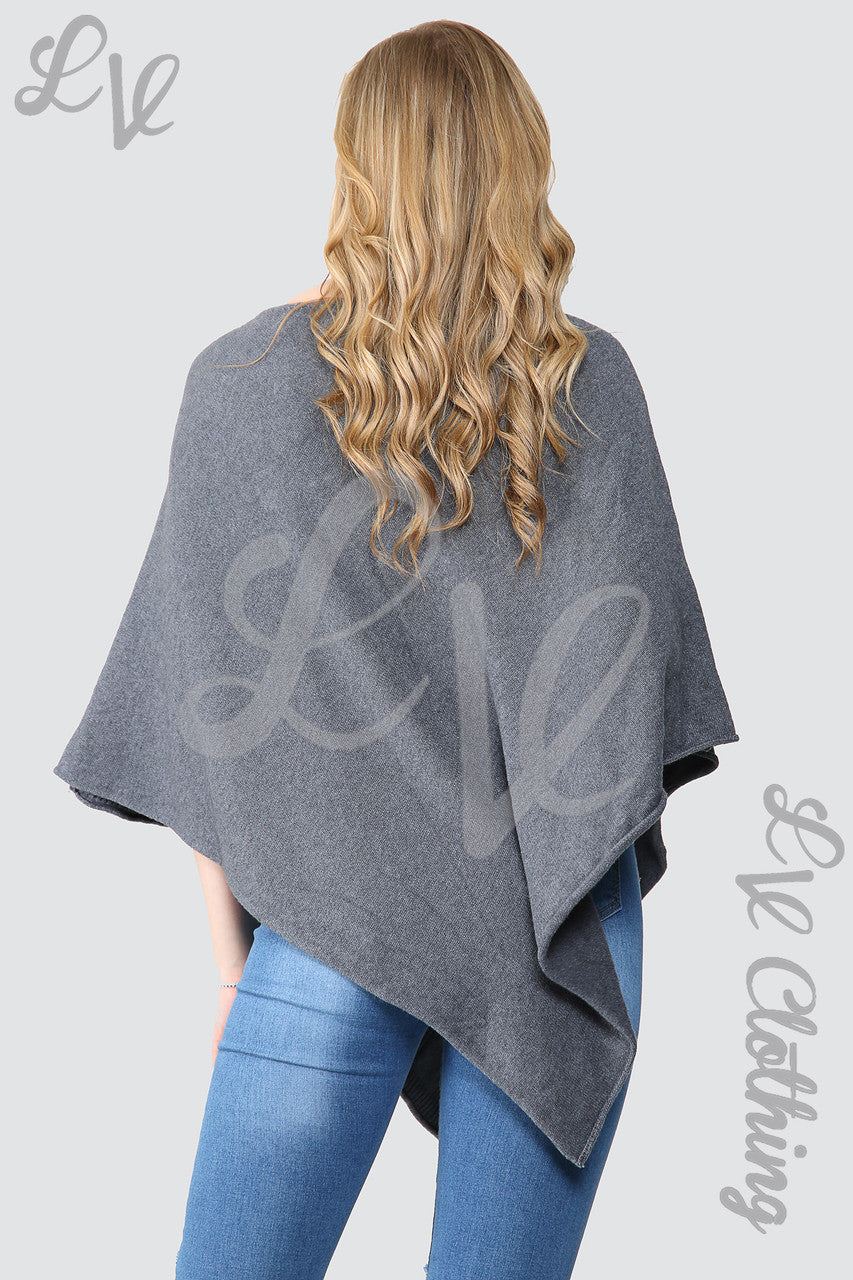 Ladies Diamond Imprint Knitted Poncho Cape Charcoal - Unit Price £10.99