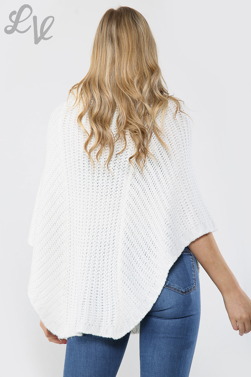 Ladies Cable Knitted Cowl Neck Poncho Cream
