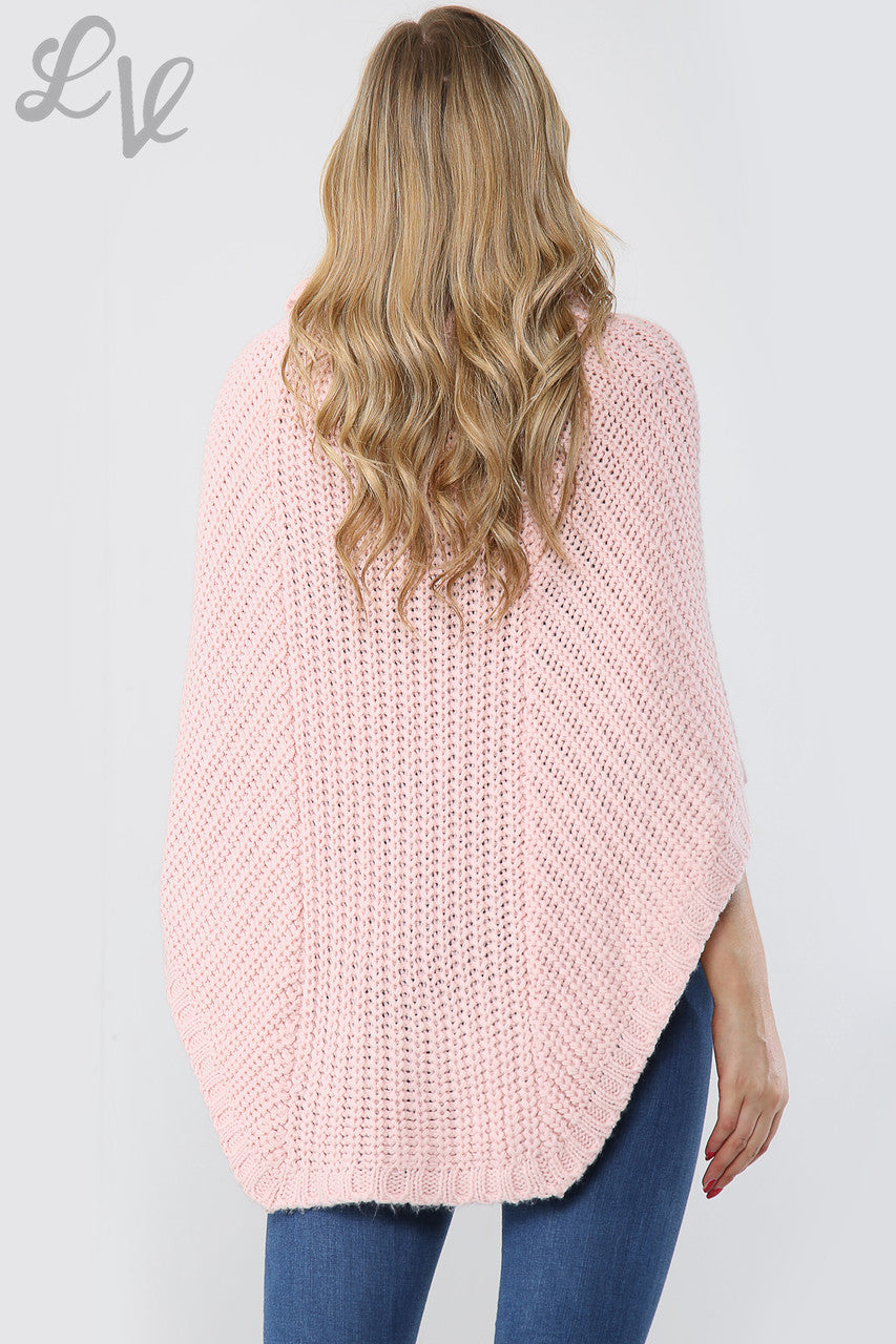 Ladies Cable Knitted Cowl Neck Poncho Dusty Pink