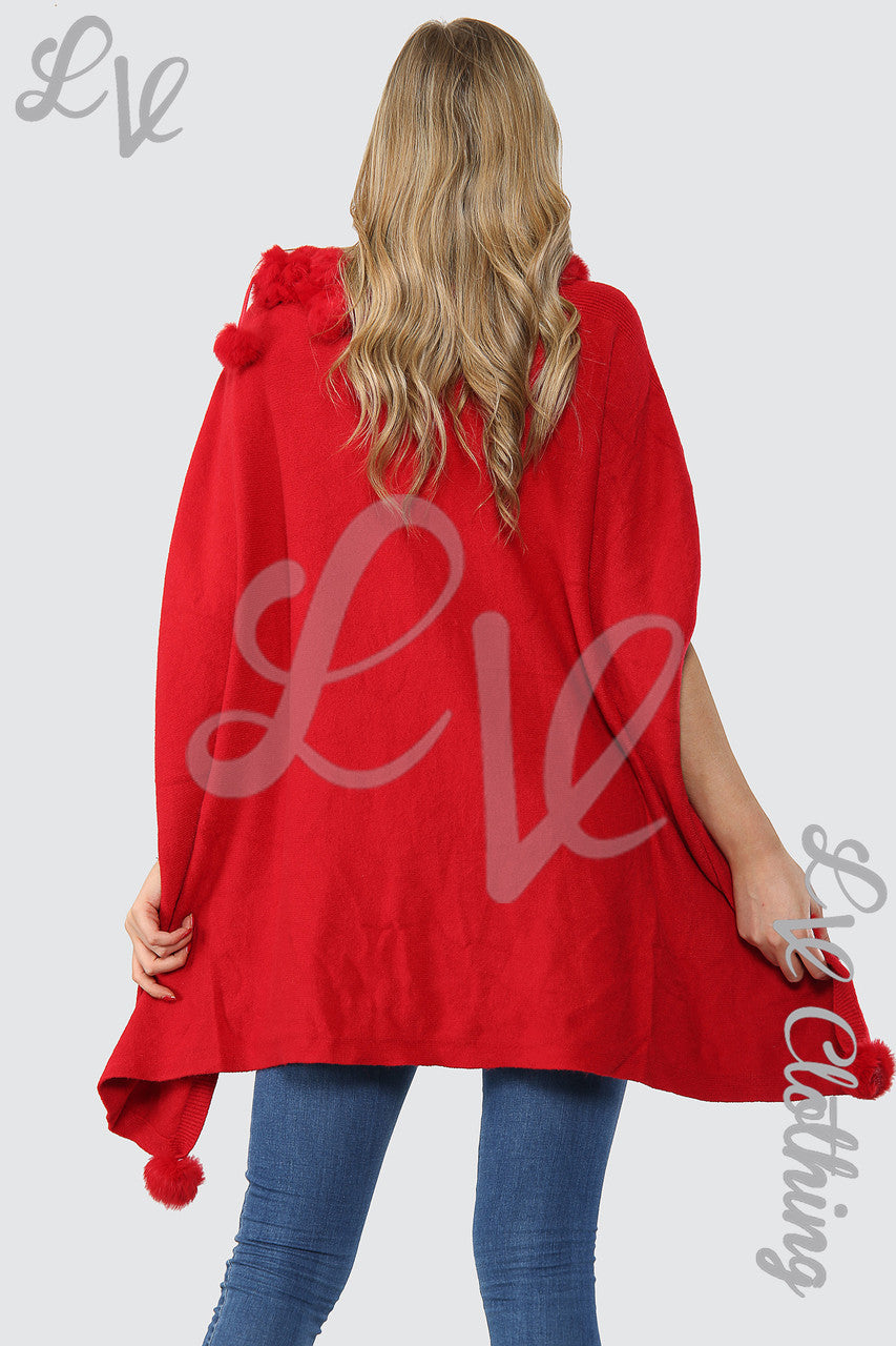 Dames Poncho met Pom-Detail, Hi Lo en Bontkraag Rood - Stukprijs £15,99