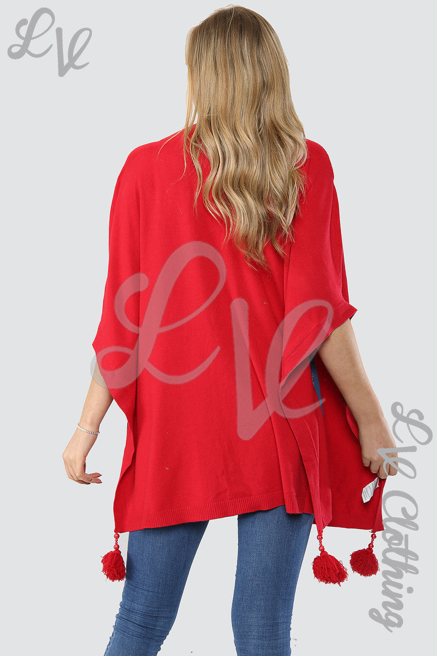 Damesponcho/trui met kwastjes en pompons Rood - Prijs per stuk €15,99
