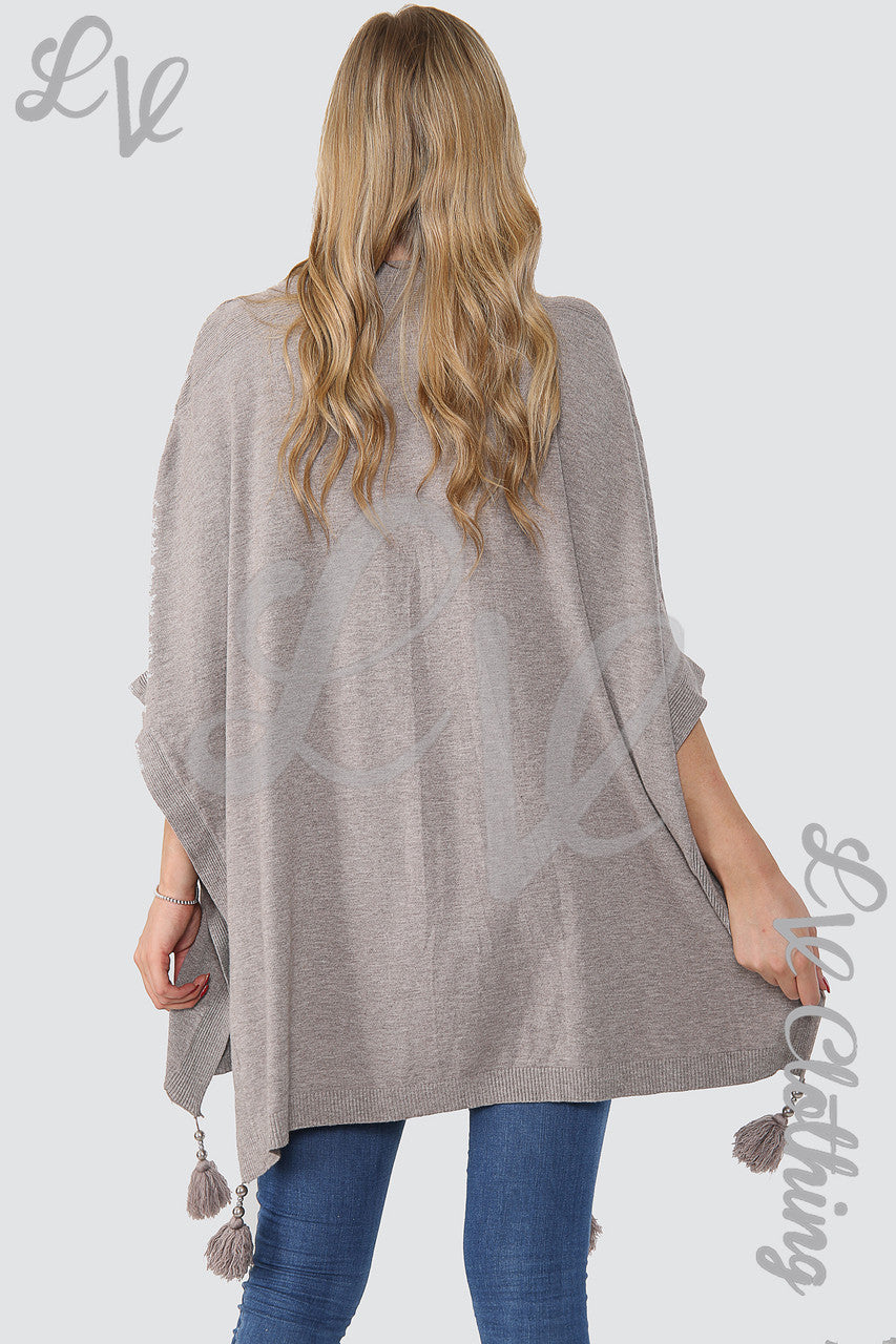 Ladies Tassel Pom Pom Poncho/Jumper Taupe - Unit Price £15.99