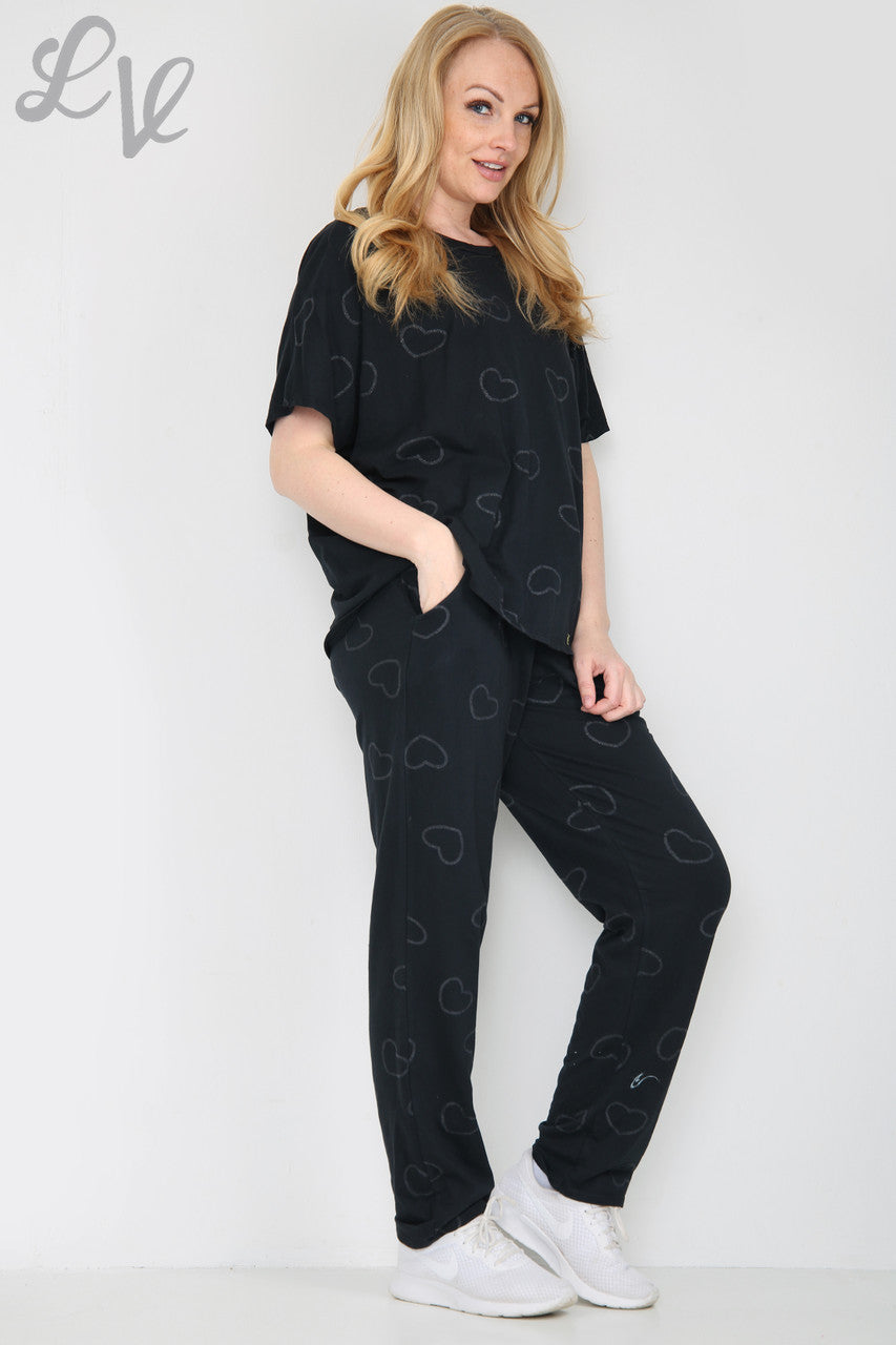 Dames Glitter Hartjes Print Loungewear Set Zwart Stuksprijs WAS €25,99 NU €12,99