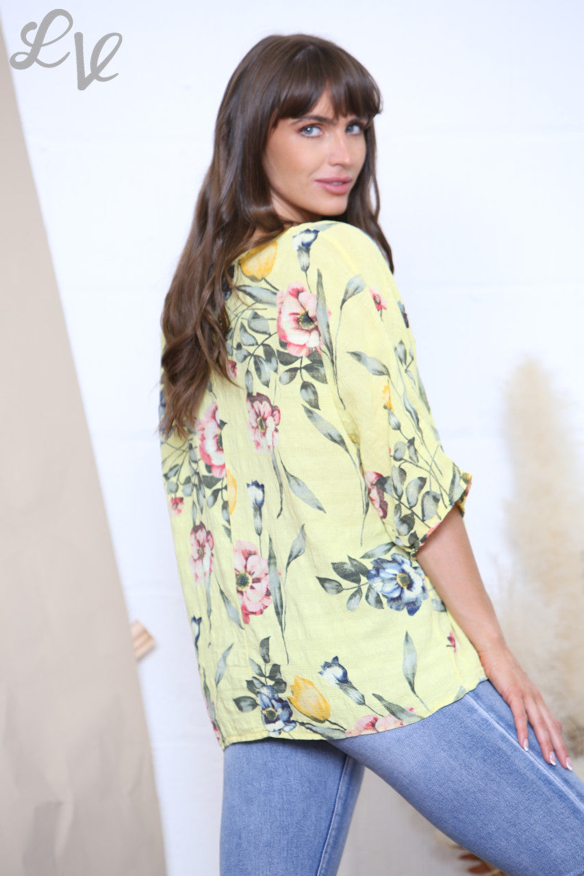Ladies Flowers & Leaves Print Box Top Yellow