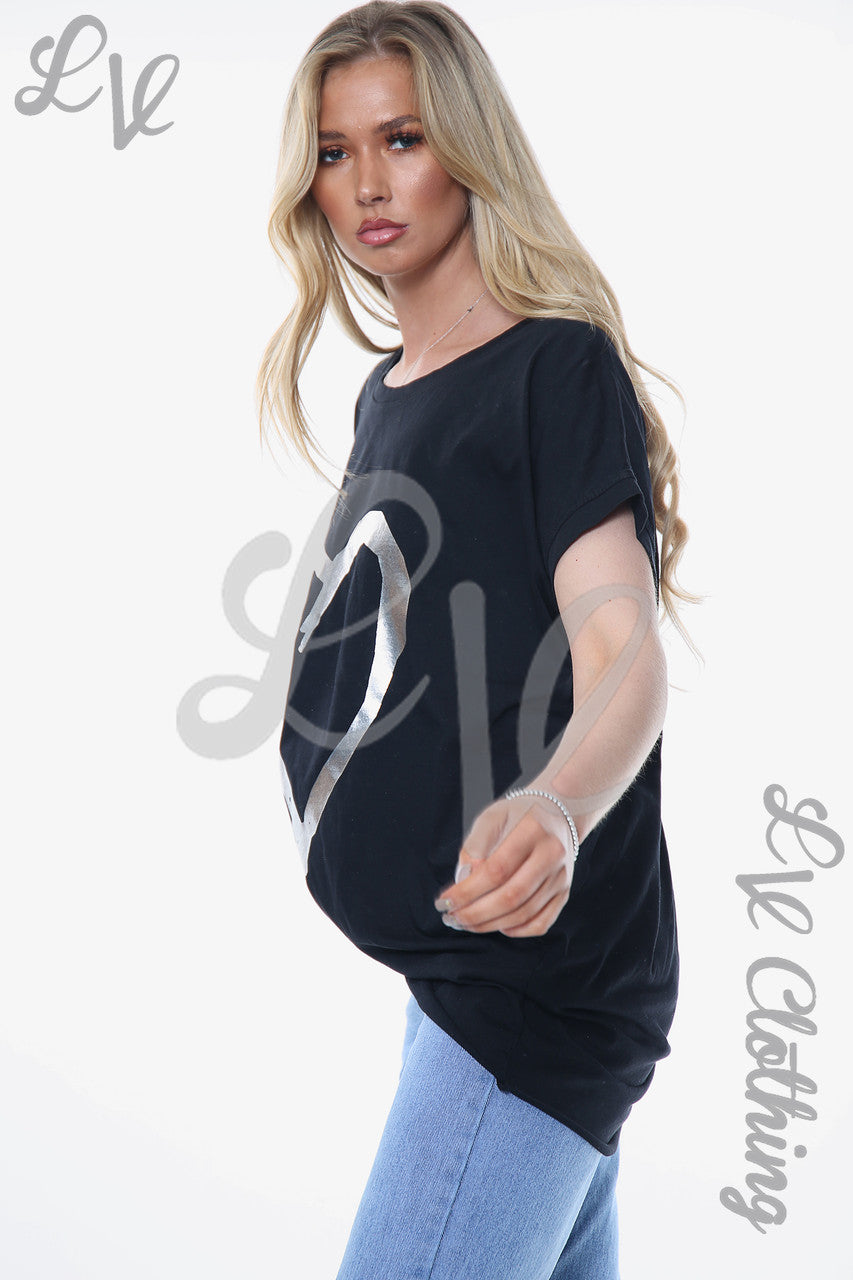 Ladies Foil Heart Graphic Top Black Unit Price £10.99