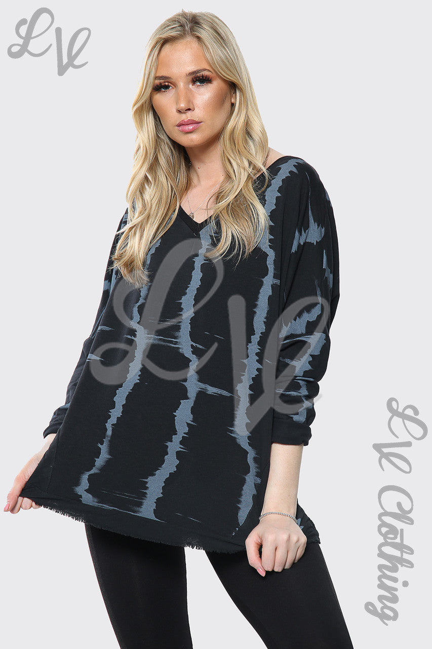 Dames Tie Dye Print V-hals Oversized Top Zwart Prijs per stuk £11,99