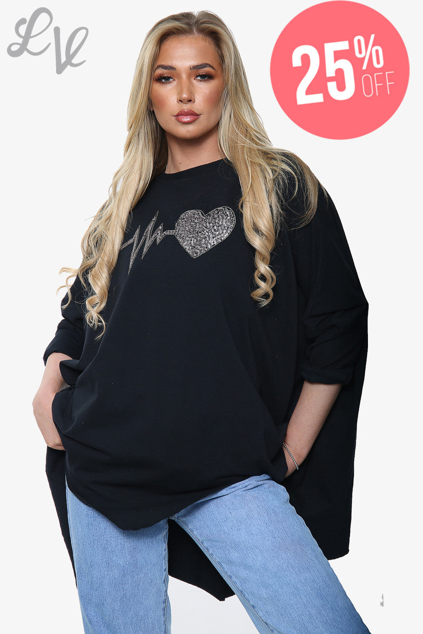 Ladies Heartbeat Graphic Sweatshirt Top Black Unit Price £13.99 NOW £10.49