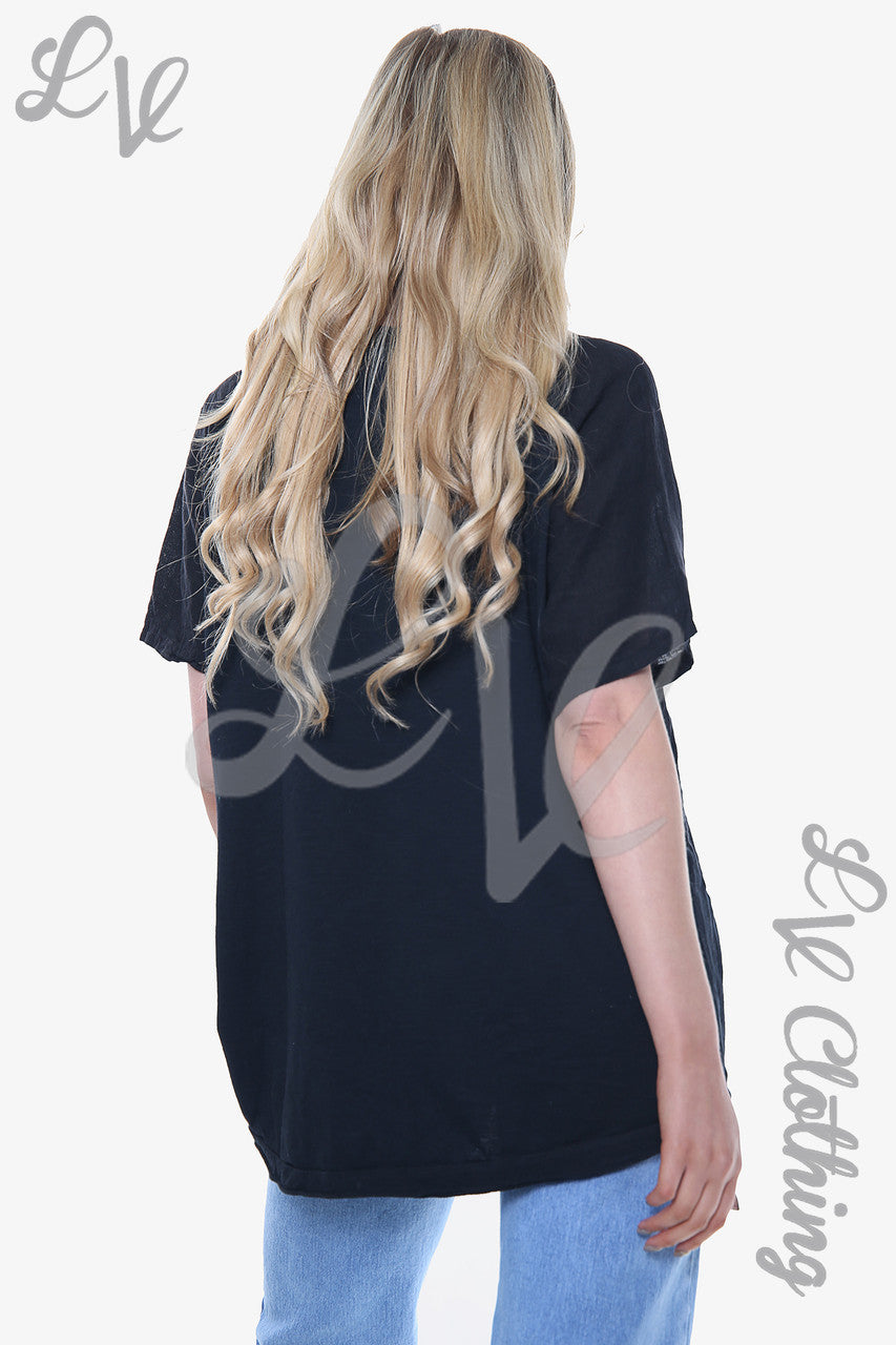 Ladies Linen Flower Applique Top Black Unit Price £12.99