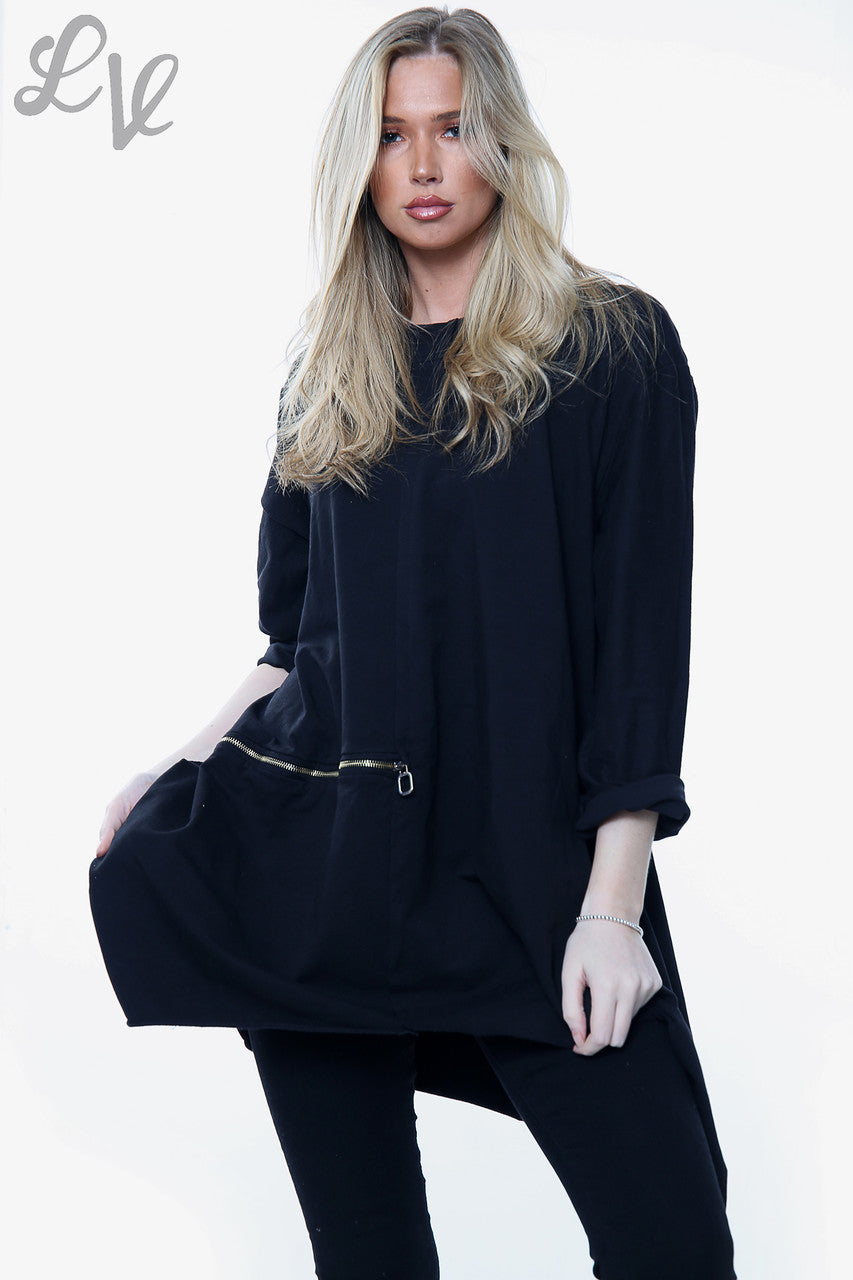 Dames sweatshirt met gedrapeerde zoom en ritsdetail, zwart, eenheidsprijs € 15,99
