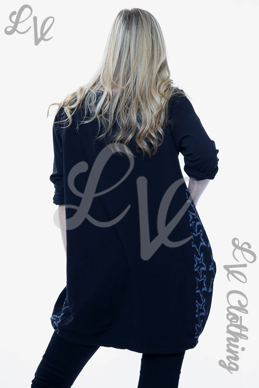 Ladies Star Print Neck & Hemline Top Black Unit Price £15.99