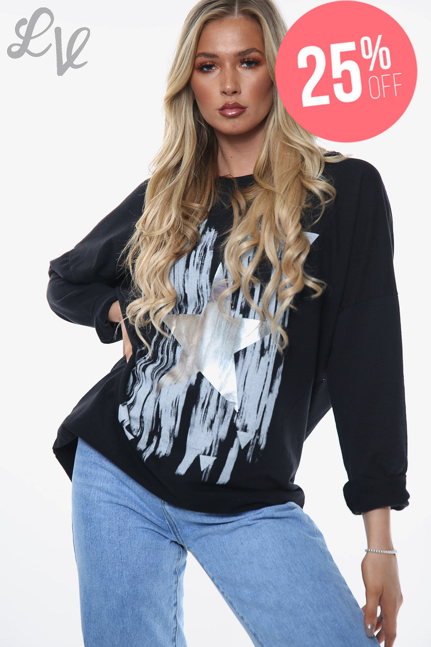 Dames folie Ster Spatsels Top Zwart Prijs per stuk £13,99