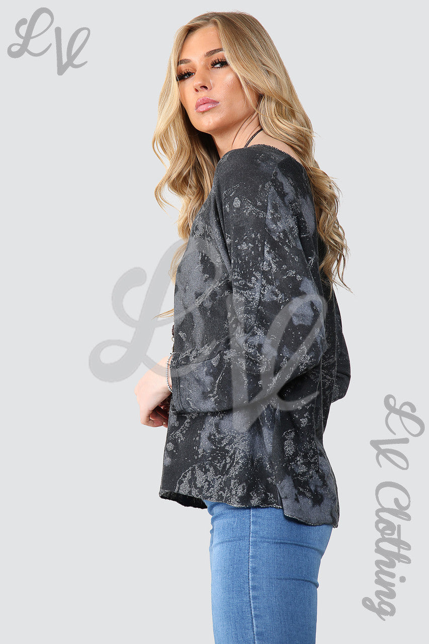 Dames Acid Wash Top Met Glittereffect En Ketting Zwart - Stukprijs €10,99