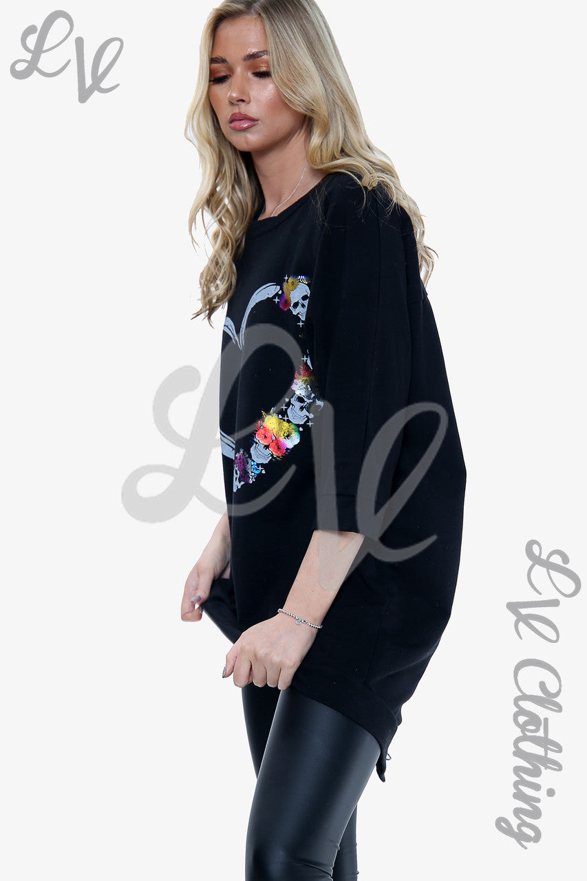 Dames Top met doodshoofd en hart print Zwart Prijs per stuk €8,99