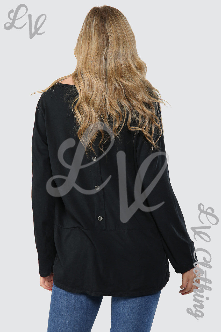 Dames Effen Top met Knoopsluiting achter Oversized Zwart - Stukprijs WAS €9,99 NU €4,99