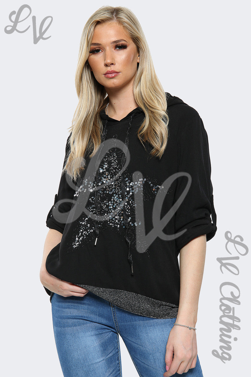 Ladies Sequin Star Hooded Sweatshirt Top Black - Unit Price £15.99