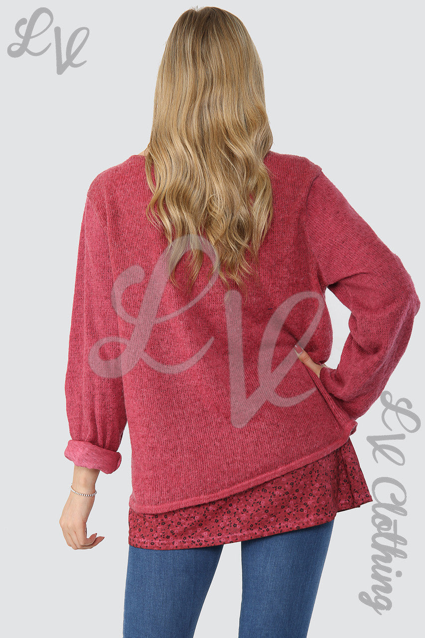 Ladies Floral Print Under-layer Jumper With Scarf Burgundy - Unit Price £14.99