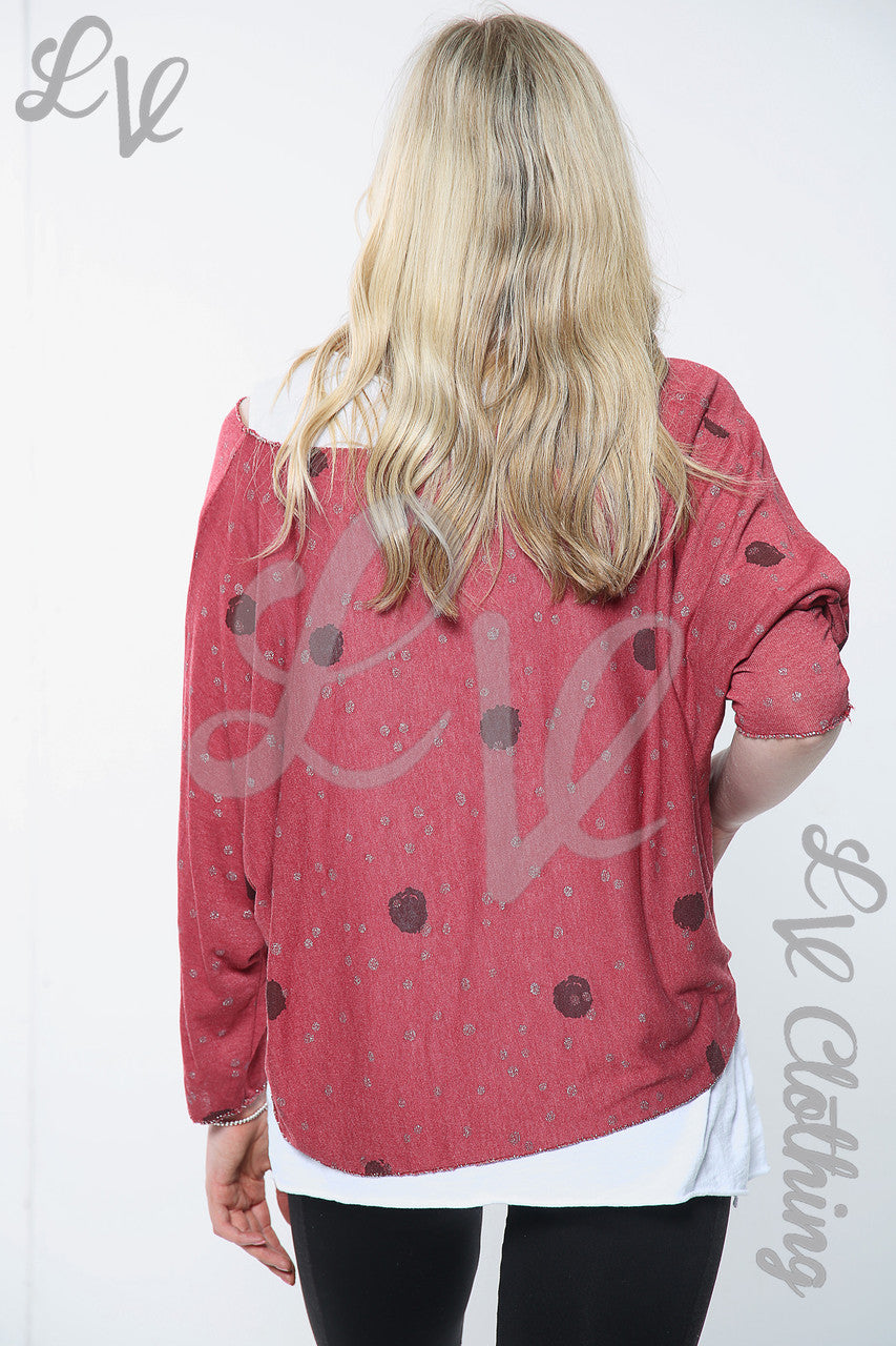 Ladies Twin Layer Spot Print Top With Necklace Burgundy Unit Price £11.99