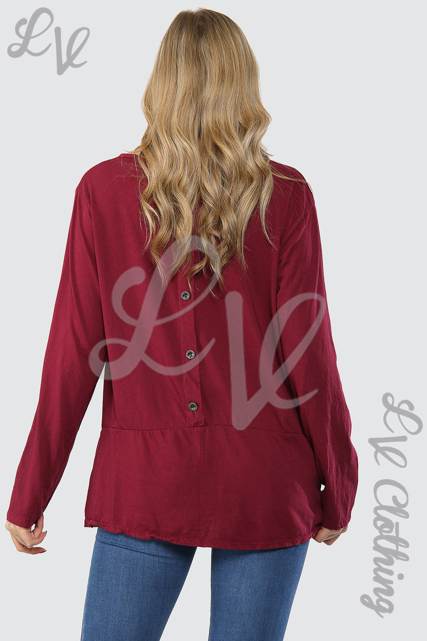 Ladies Plain Button Back Oversized Top Burgundy - Unit Price WAS 9.99 NOW £4.99