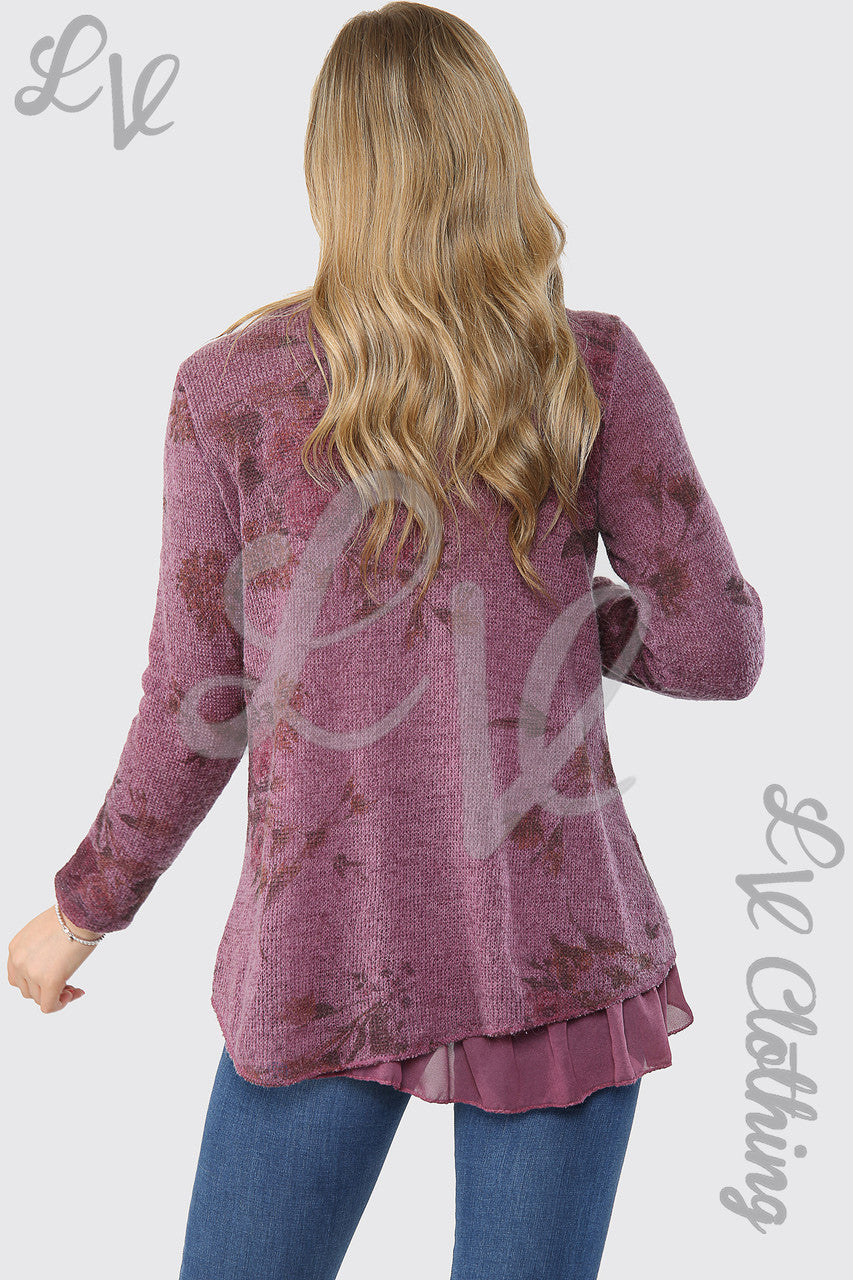 Dames gebreide top met bloemenmotief, dubbellaags, bordeauxrood, eenheidsprijs £ 13,99