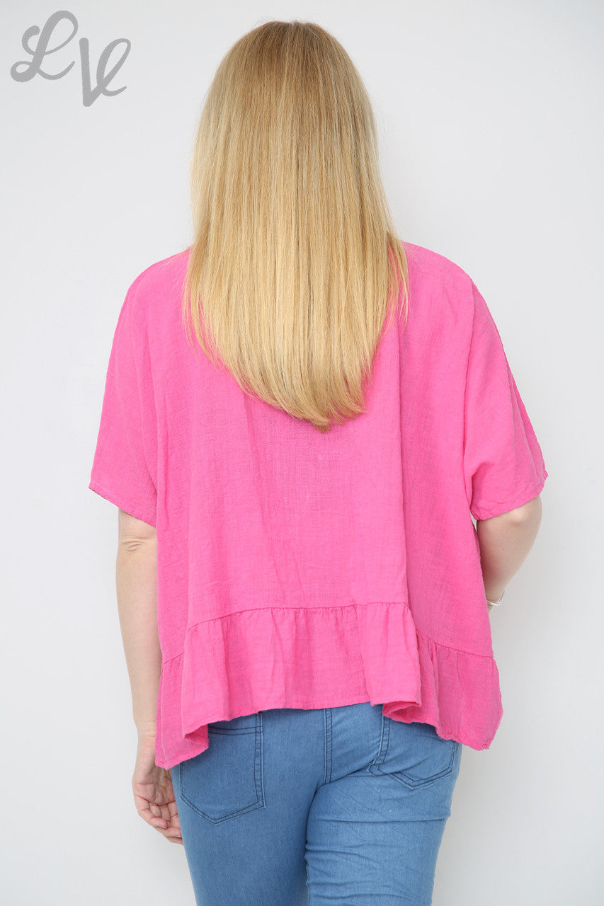Ladies Frill Hem Top With Necklace Cerise