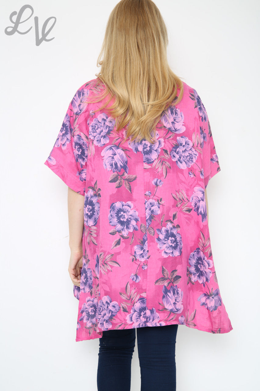 Dames top met bloemenprint en steel, cerise. Prijs per stuk € 12,99