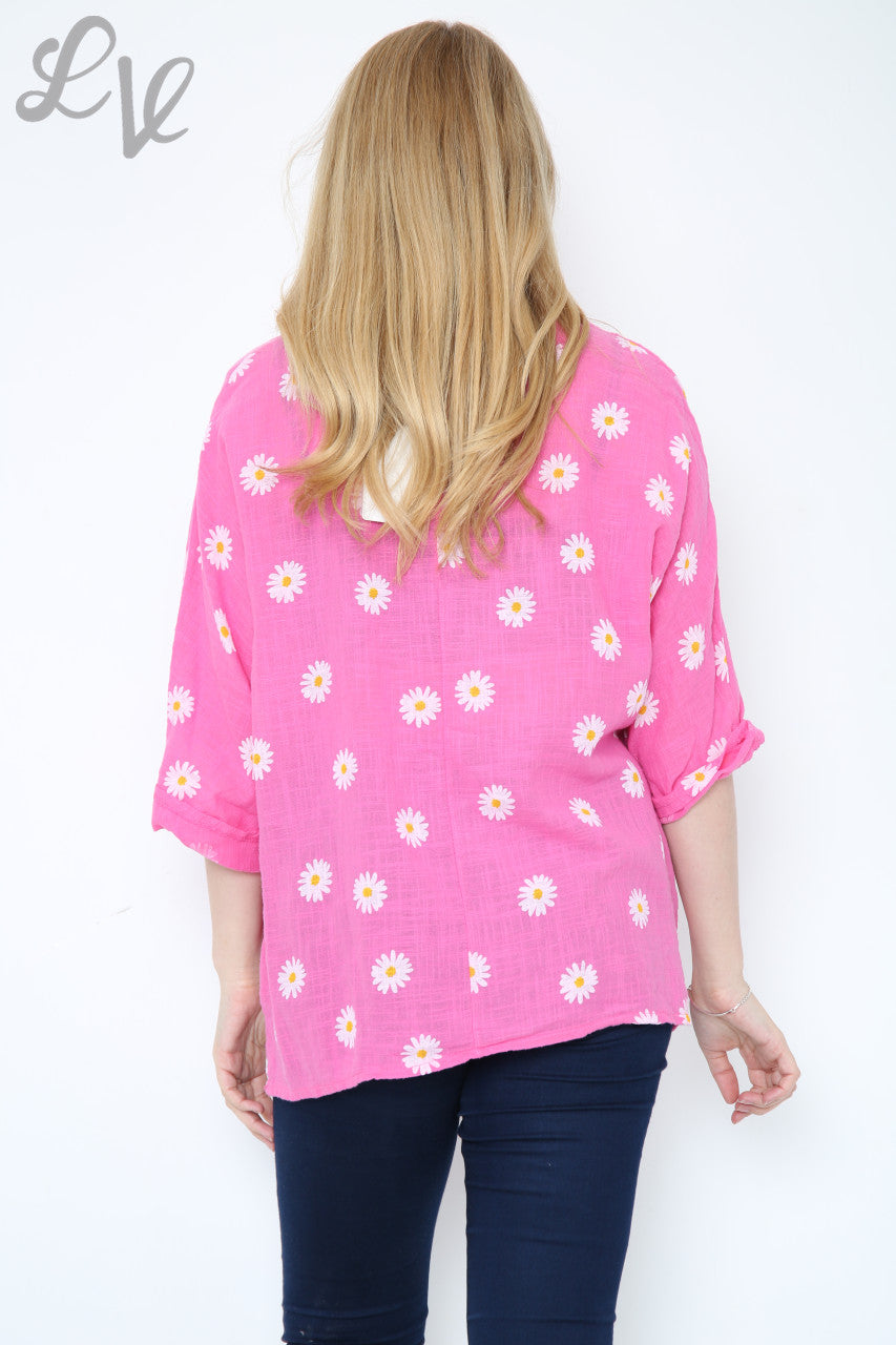 Dames T-shirt met bloemenprint en madeliefjes cerise
