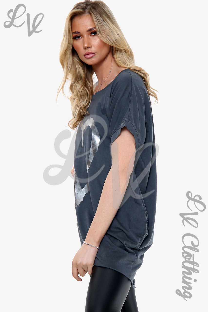 Ladies Foil Heart Graphic Top Charcoal Unit Price £10.99
