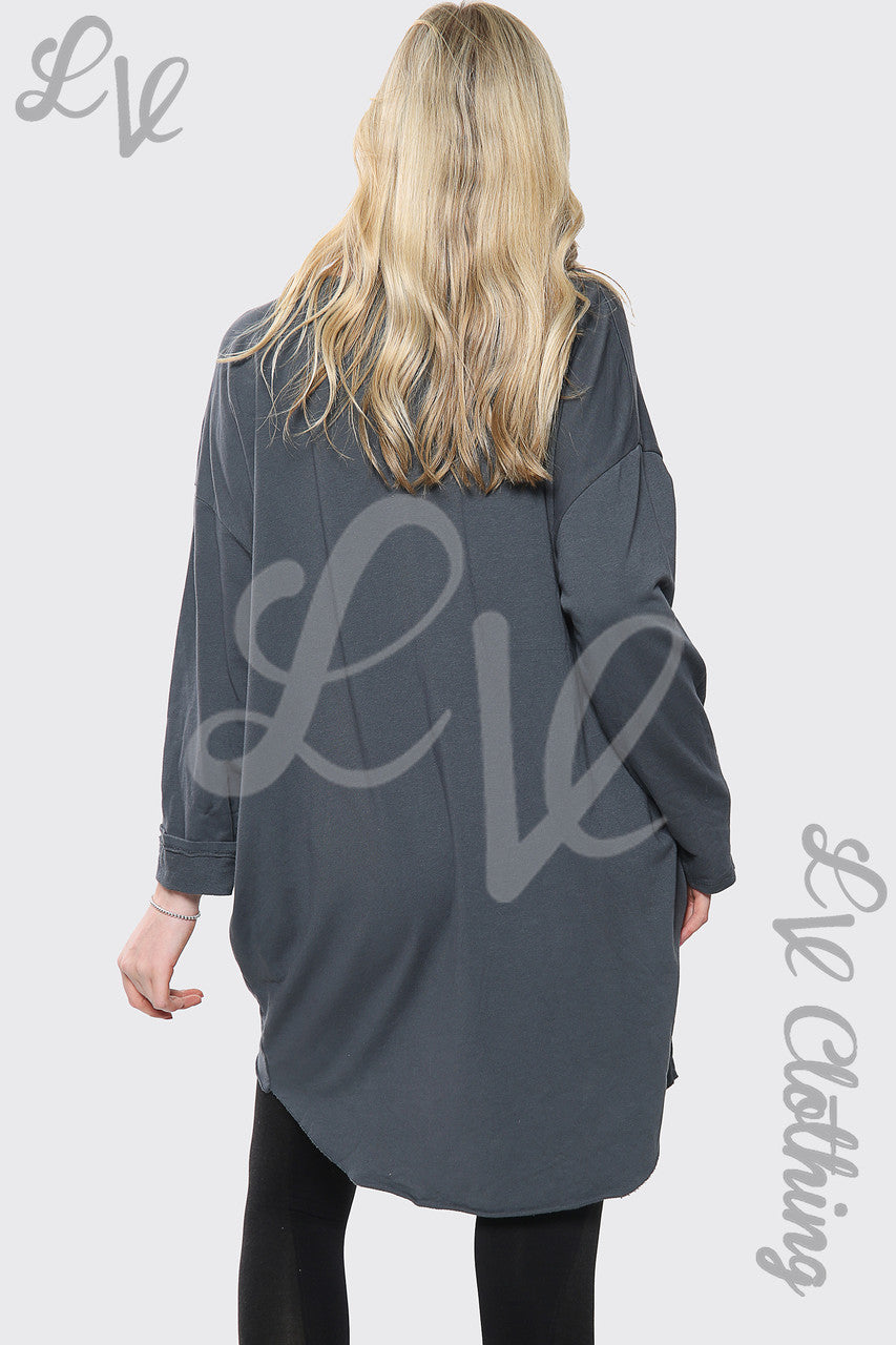 Dames Zilveren Pailletten Sterrenprint Italiaanse Oversize Top Houtskool Stukprijs € 13,99