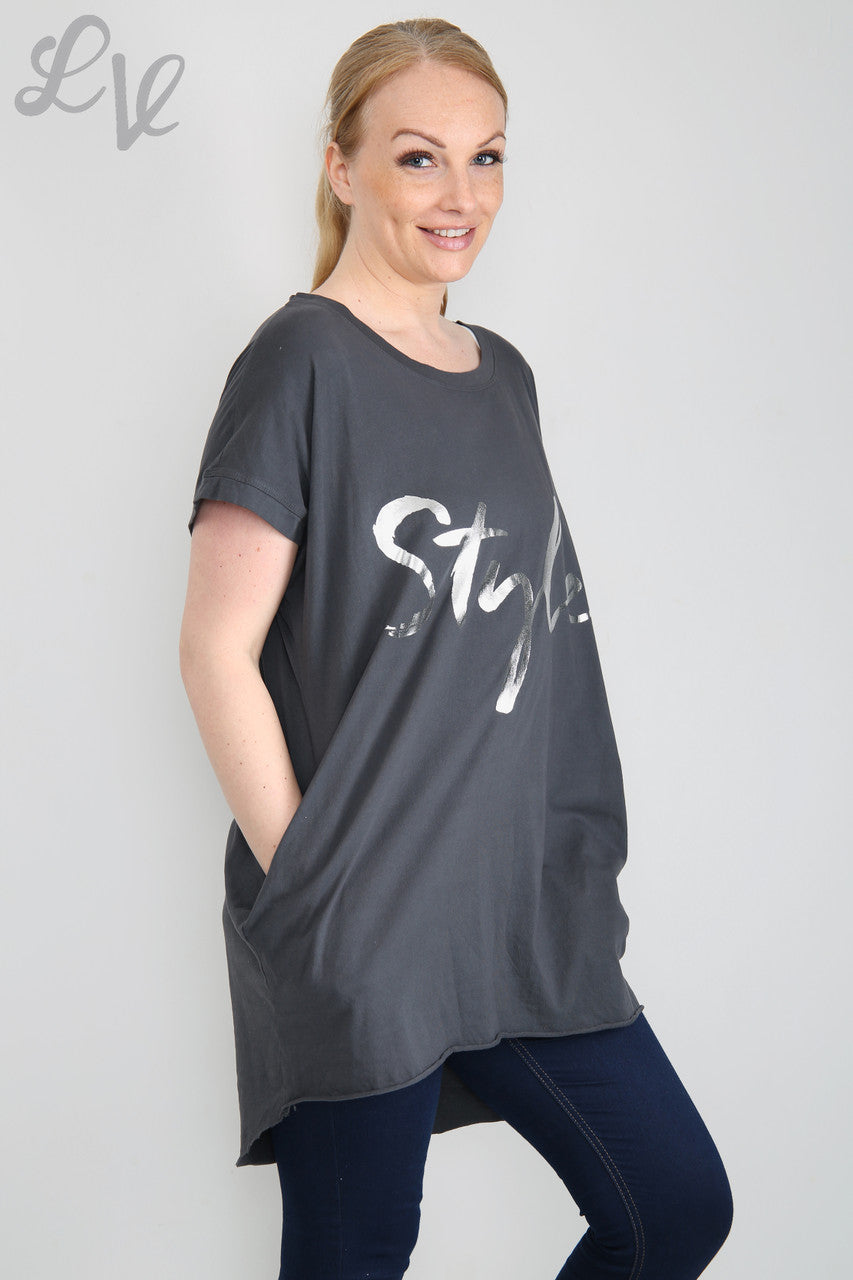 Ladies Foil 'Style' Graphic Top Charcoal Unit Price £6.99