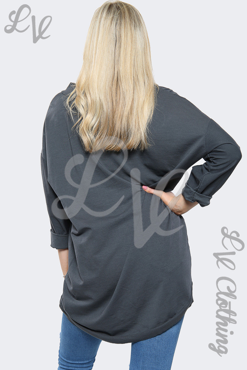 Dames V-hals Oversized Sweatshirt Top Antraciet - Stukprijs €11,99
