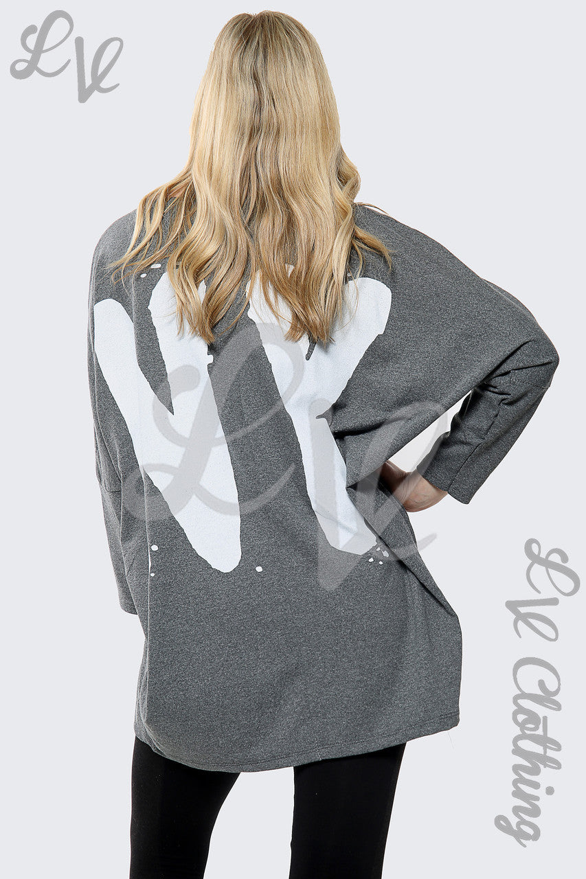 Dames "Heart Print NY" Slogan Top met Opdruk op de Rug Antraciet Prijs per eenheid €15,99