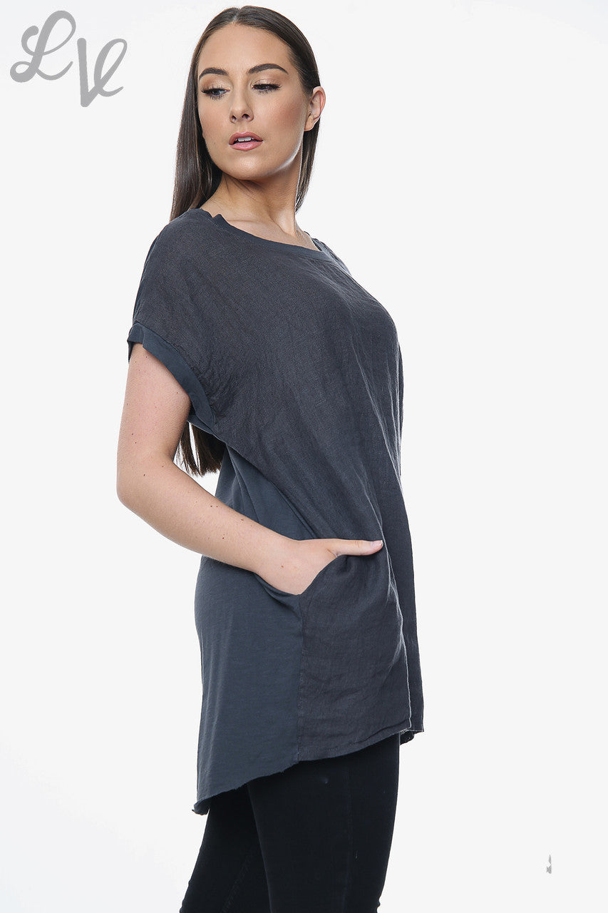 Dames Linnen Voorkant & Katoenen Achterkant Effen Top Antraciet Stukprijs £8.99