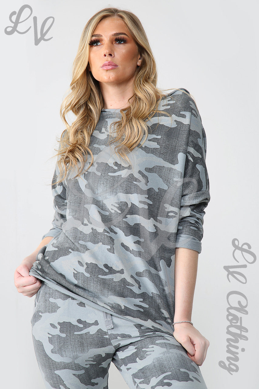 Dames Camouflage Print Sweatshirt Top Houtskool - Stukprijs €9,99