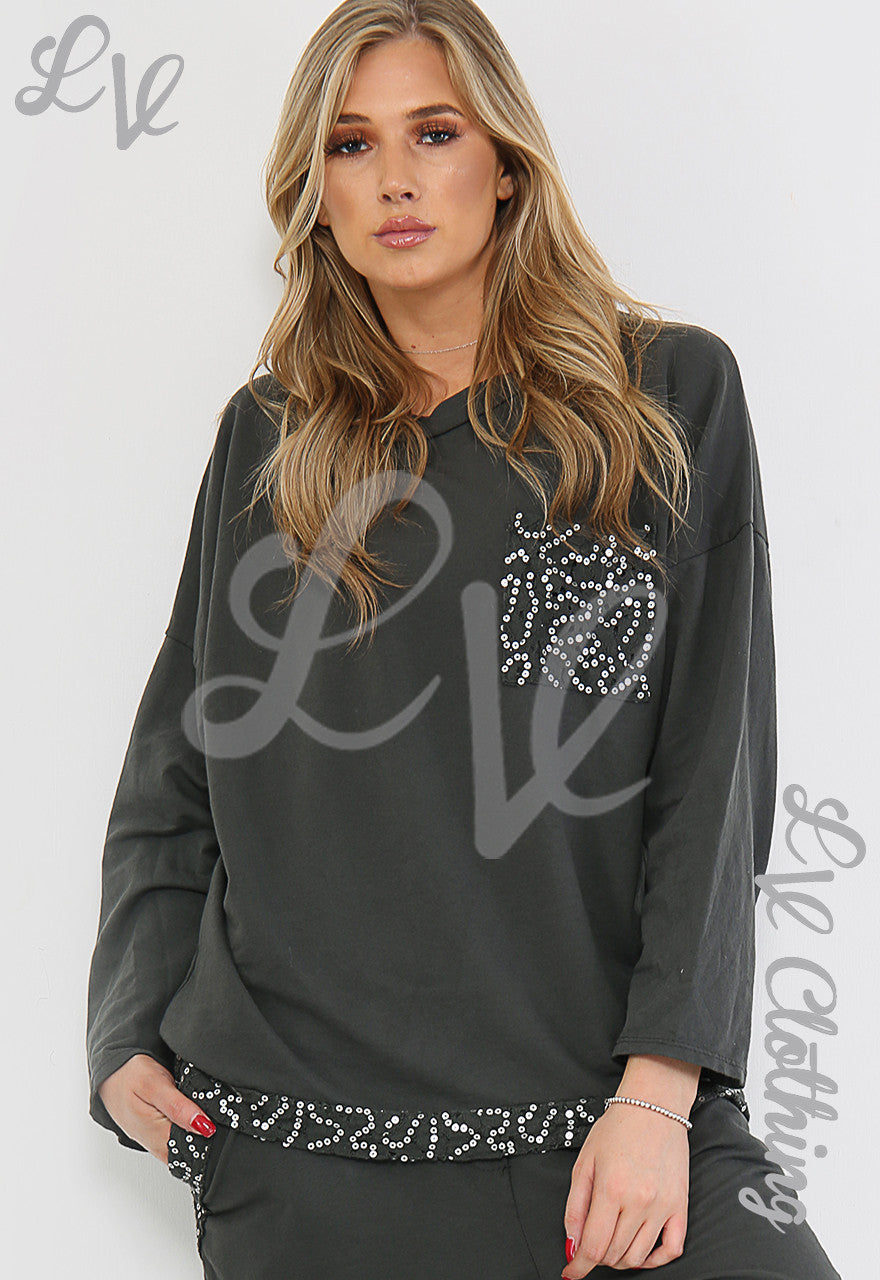 Ladies Sequin Detail Sweatshirt Top Charcoal - Unit Price £10.99