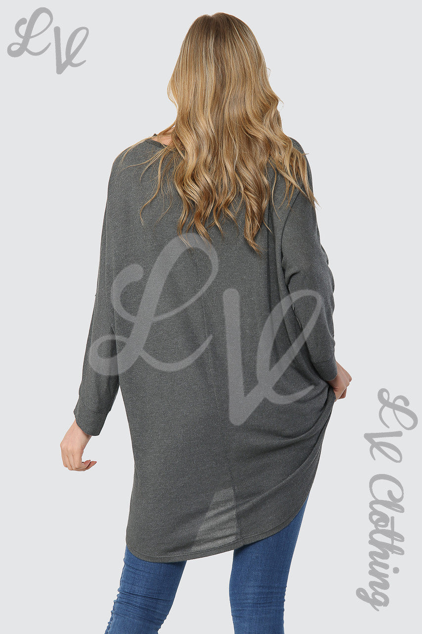 Ladies Plain Hi Lo Fine Knit Tunic Top Charcoal - Unit Price £8.99