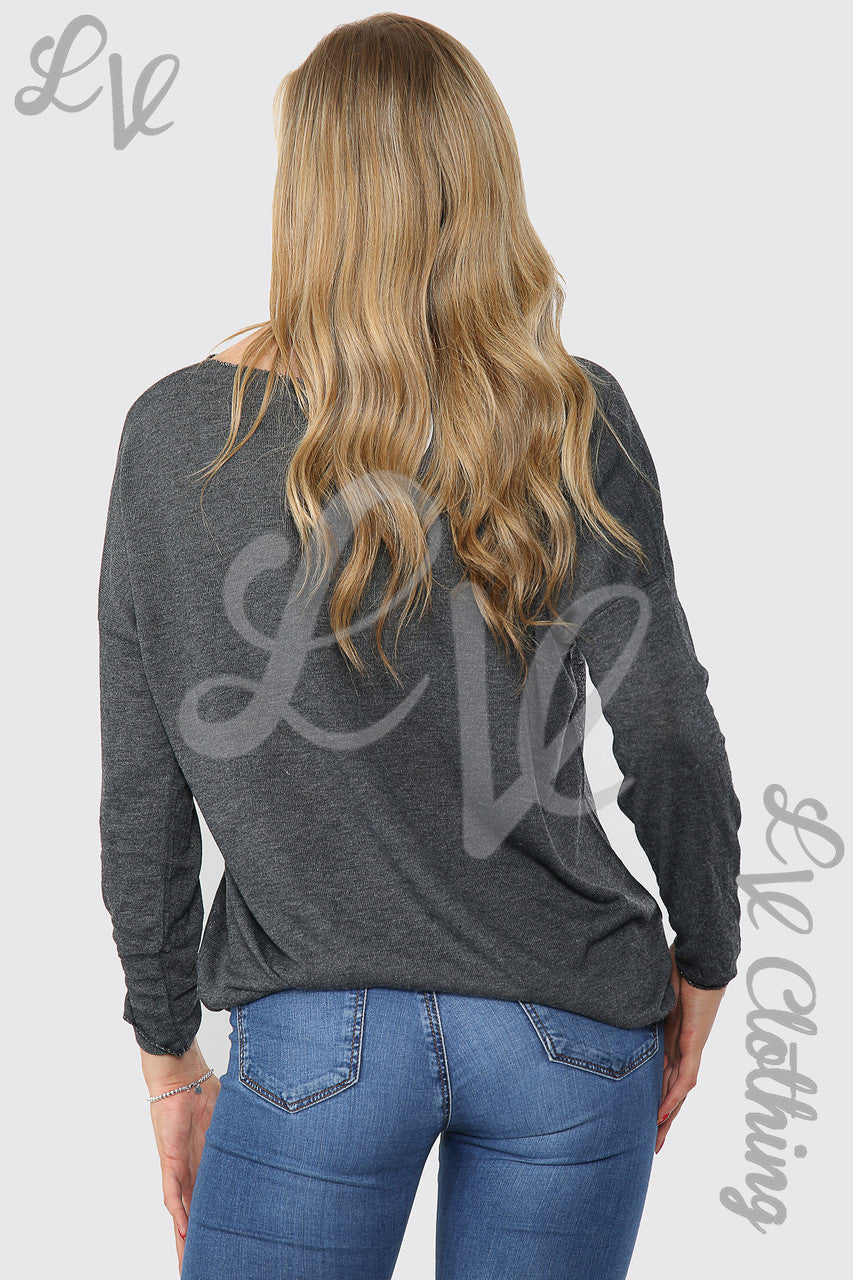 Dames Shimmer Zilveren Ster Geborduurde Top Antraciet - Stukprijs € 11,99