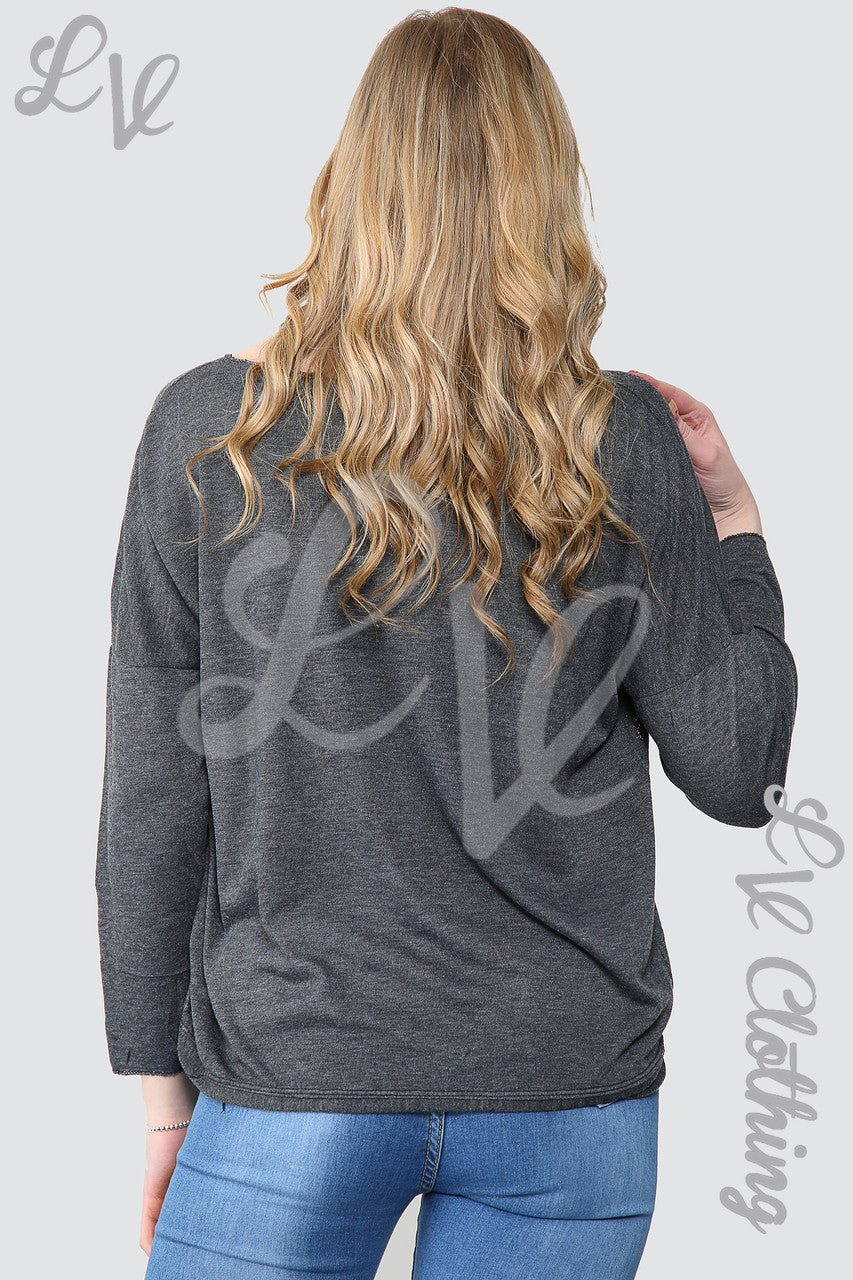 Ladies Shimmer Star Embroidered Top Charcoal - Unit Price £11.99
