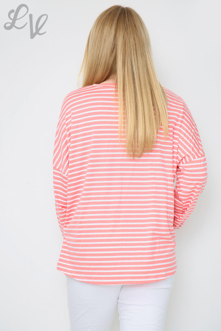 Dames Top met strepen en sterren Koraal Stukprijs € 8,99