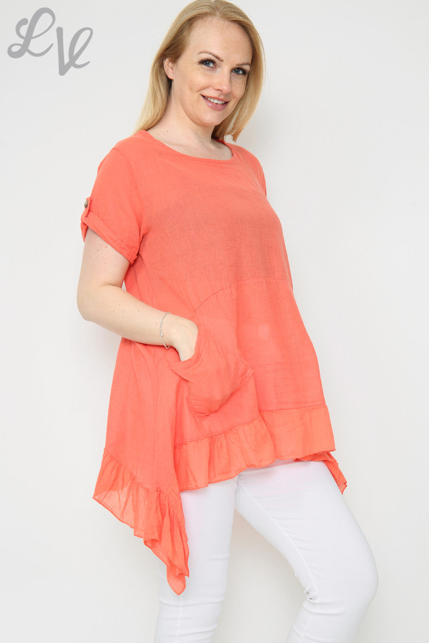Ladies Floaty Frill Hemline Tunic Top Coral Unit Price £9.99