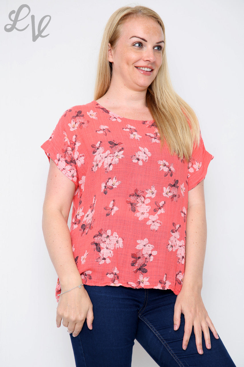 Dames top met bloemenprint Koraal