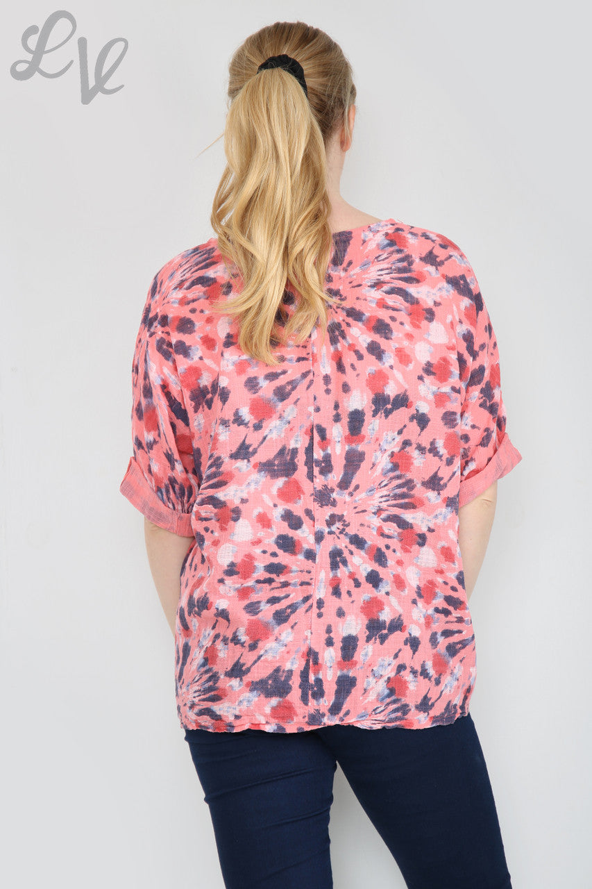 Dames Tie Dye Print Eenvoudige Top Koraal Stukprijs £7,99