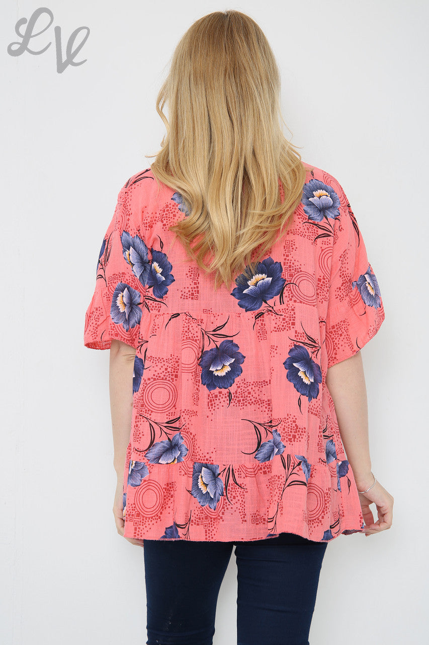 Ladies Flower Stem Print Top Coral Unit Price £7.99